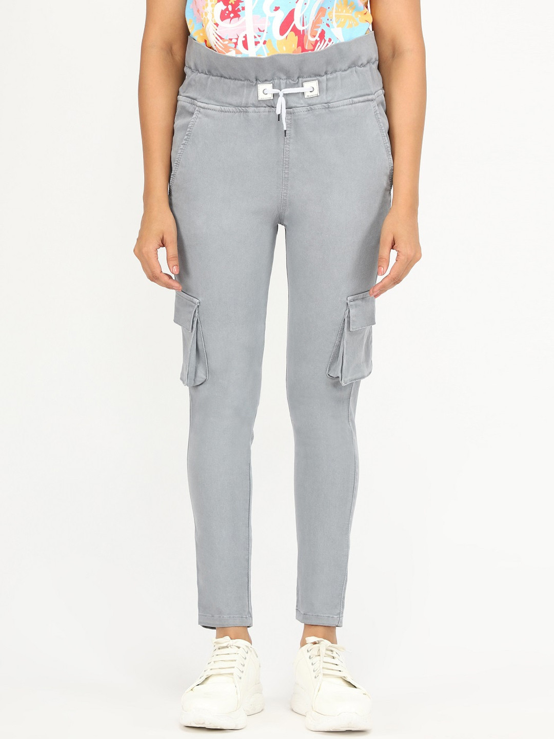 

AngelFab Women Relaxed Cotton Denim Cargos Trousers, Grey