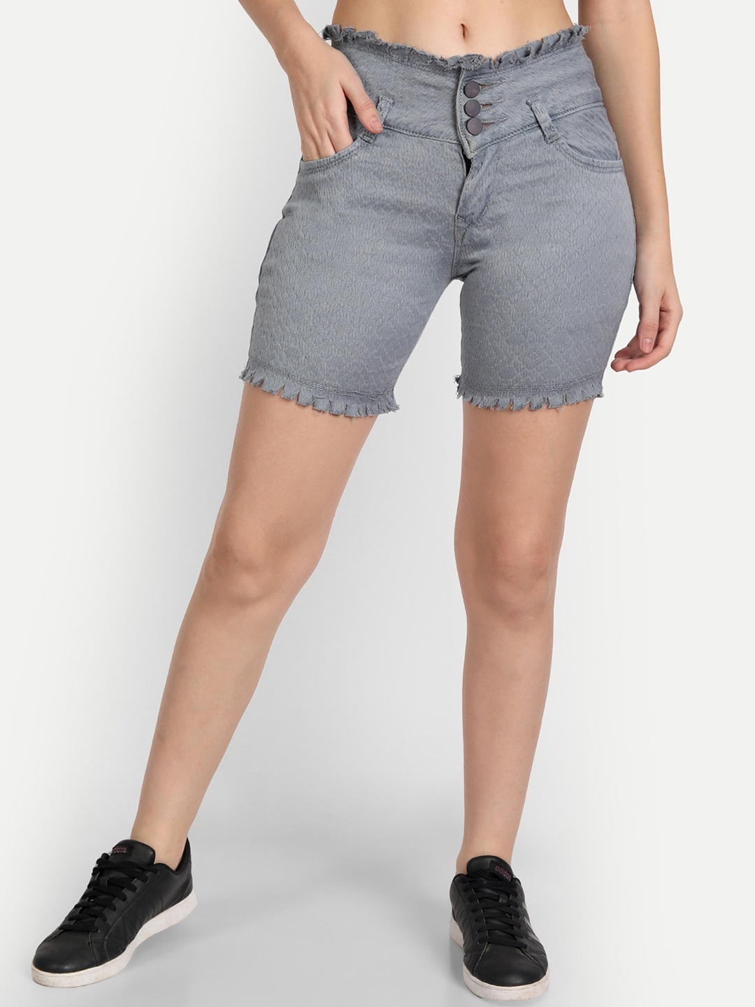 

AngelFab Women Self Design High-Rise Denim Shorts, Grey