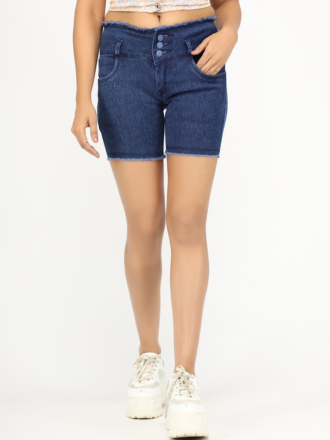 

AngelFab Women Self Design High-Rise Denim Shorts, Blue
