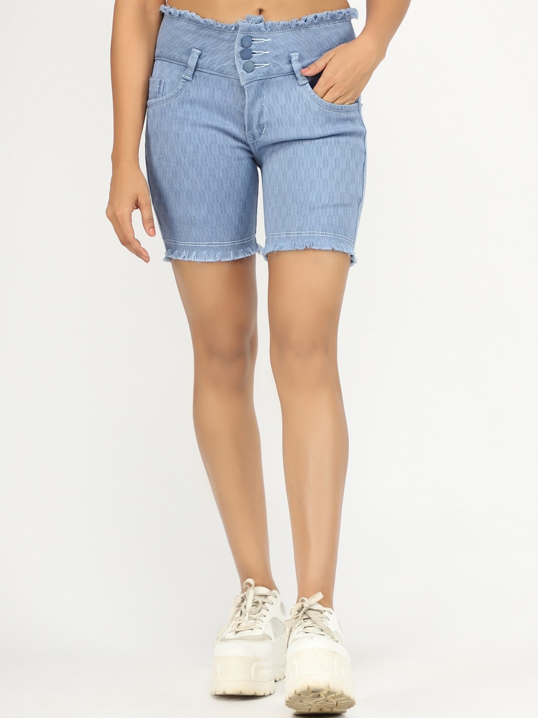 

AngelFab Women Self Design High-Rise Denim Shorts, Blue