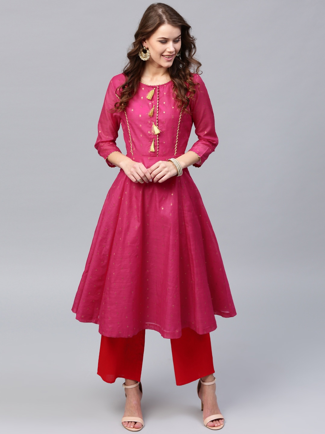 

SASSAFRAS Women Pink Woven Design Anarkali Kurta