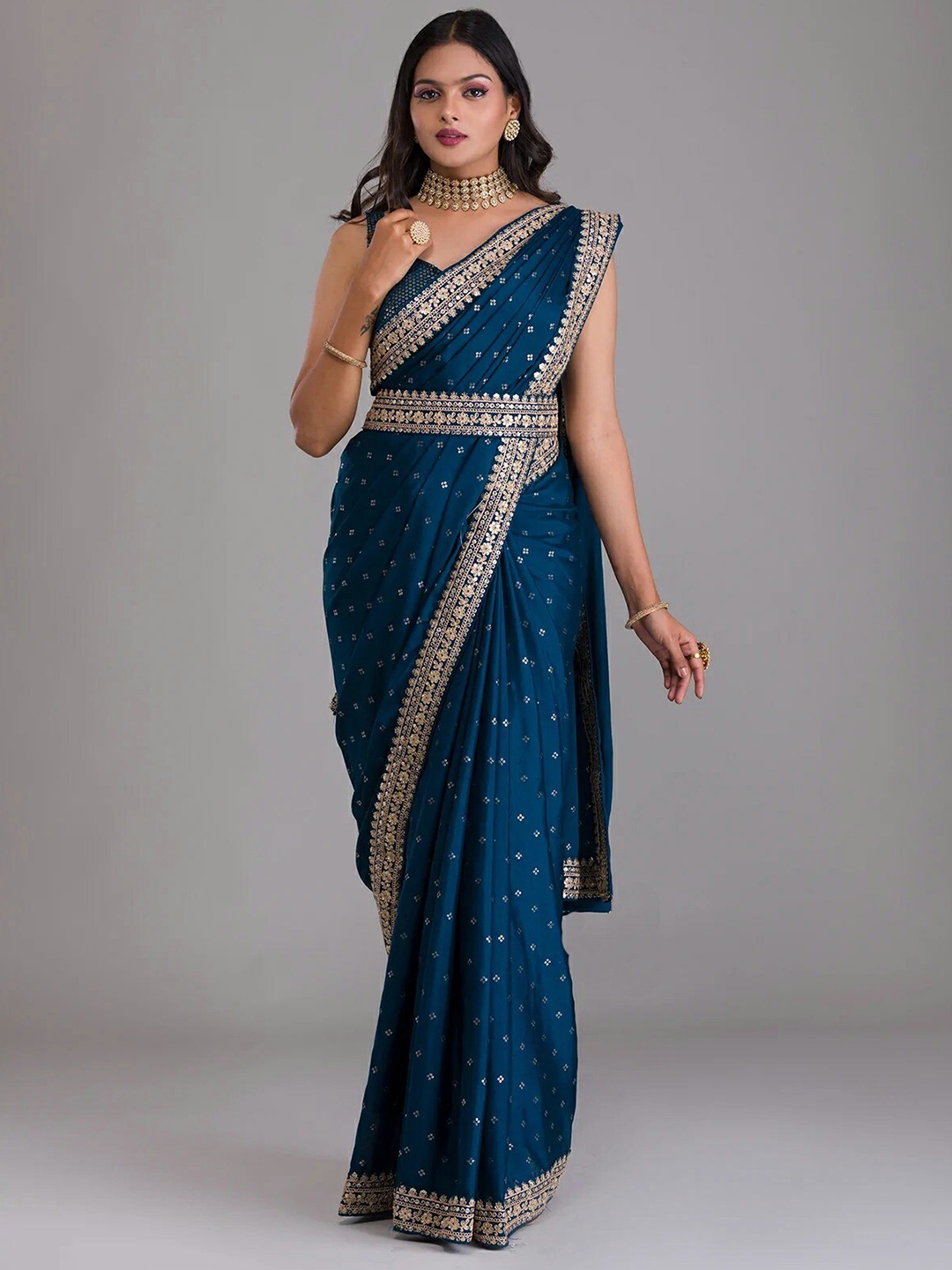 

VILLAGIUS Ethnic Motifs Embroidered Sequinned Pure Silk Mysore Silk Saree, Teal