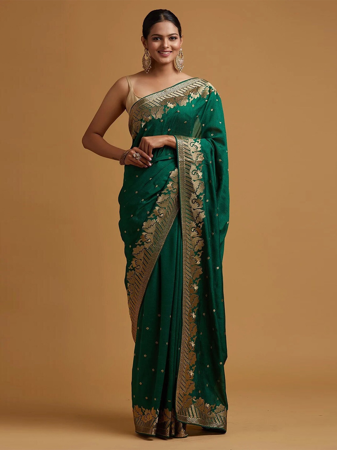

VILLAGIUS Ethnic Motifs Embroidered Pure Silk Mysore Silk Saree, Green