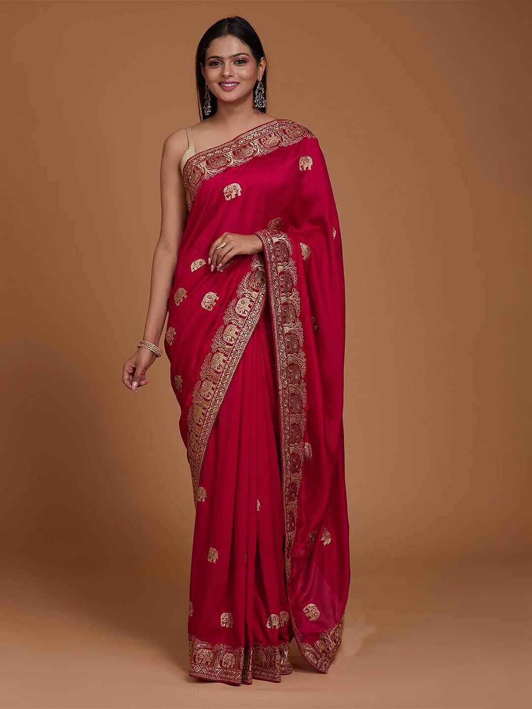 

VILLAGIUS Ethnic Motifs Embroidered Pure Silk Mysore Silk Saree, Pink