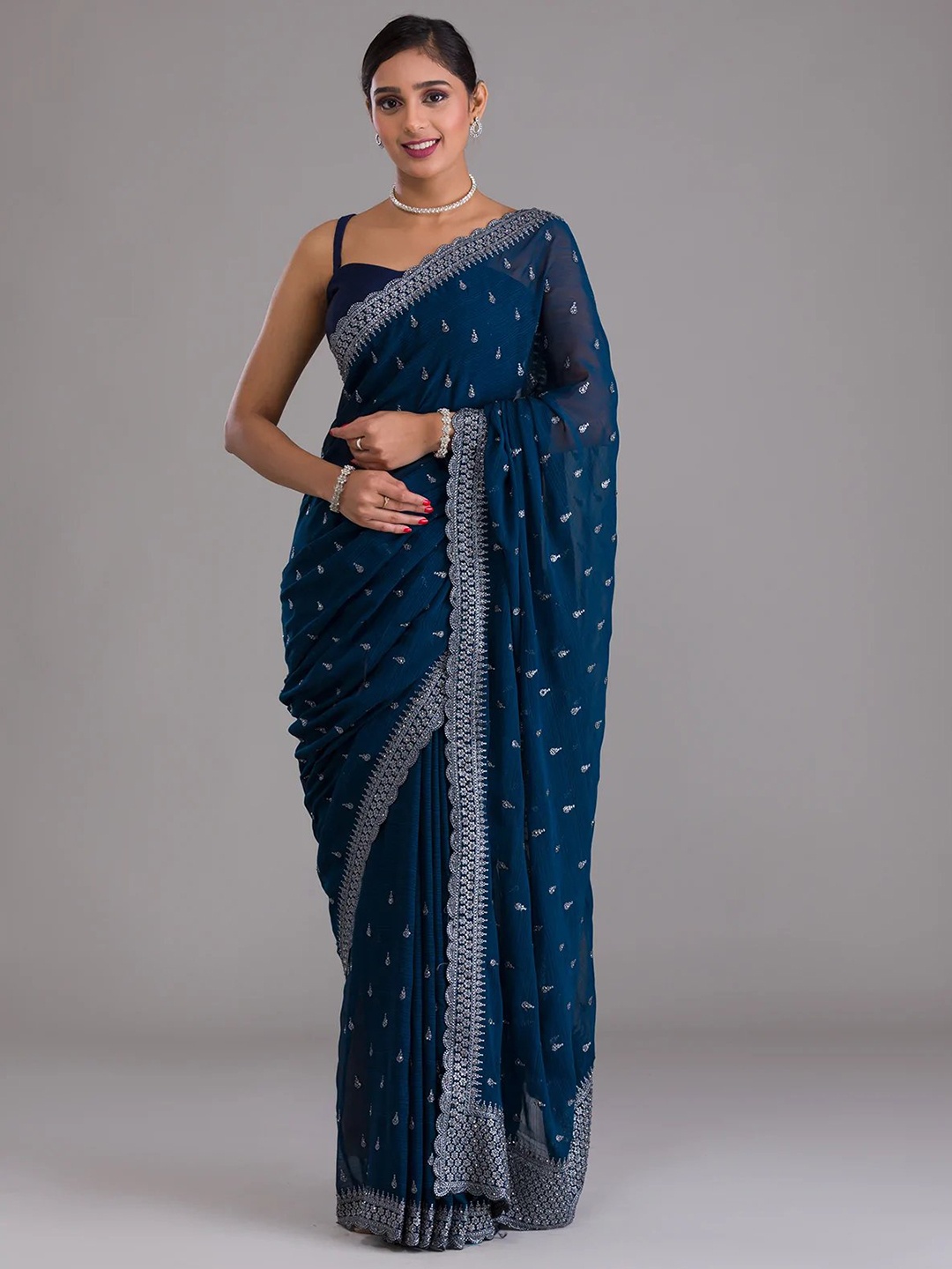 

VILLAGIUS Ethnic Motifs Embroidered Pure Silk Mysore Silk Saree, Turquoise blue