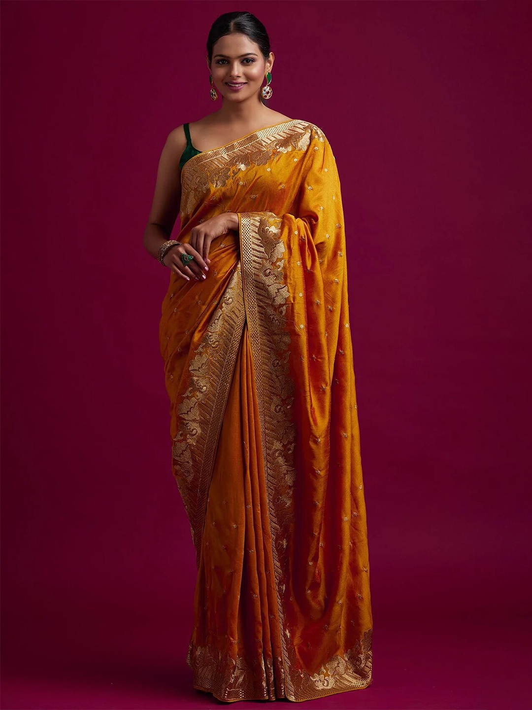 

VILLAGIUS Ethnic Motifs Embroidered Pure Silk Mysore Silk Saree, Mustard