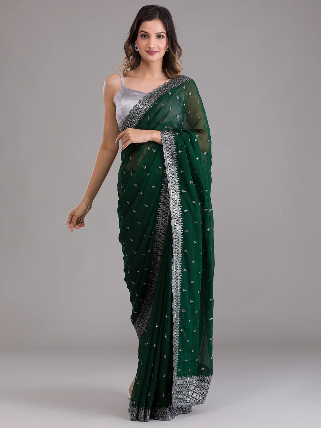 

VILLAGIUS Ethnic Motifs Embroidered Pure Silk Mysore Silk Saree, Green