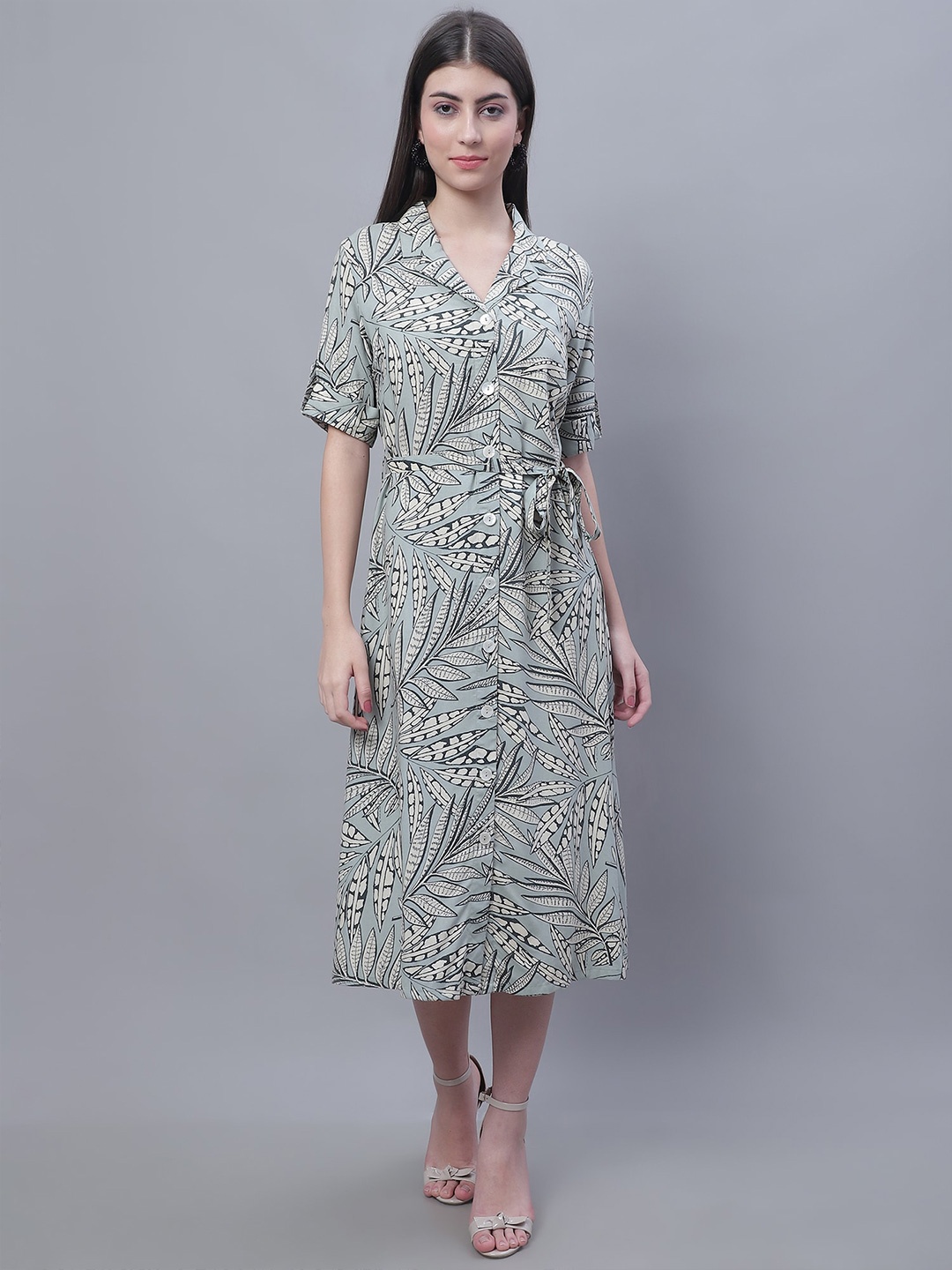 

Cantabil Floral Printed Roll-Up Sleeves Shirt Midi Dress With Belt, Green