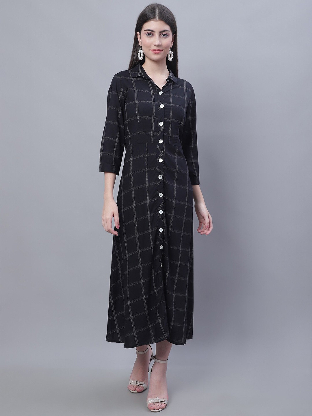 

Cantabil Checked Cuffed Sleeves Shirt Maxi Dress, Black