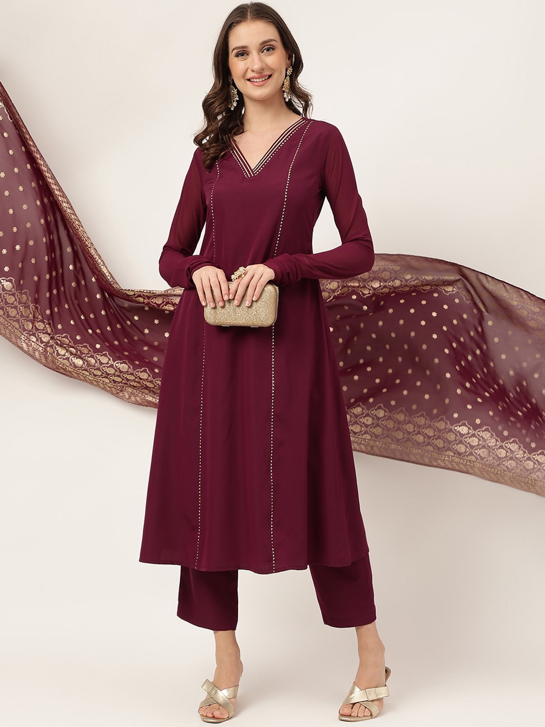 

FIORRA Gotta Patti Panelled A-Line Kurta with Trousers & Dupatta, Maroon