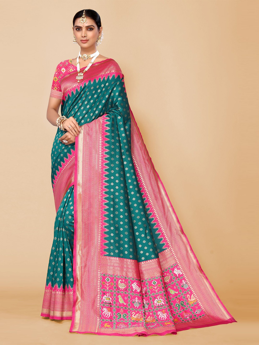 

AA-HA!! Floral Woven Design Zari Pure Silk Patola Saree, Green