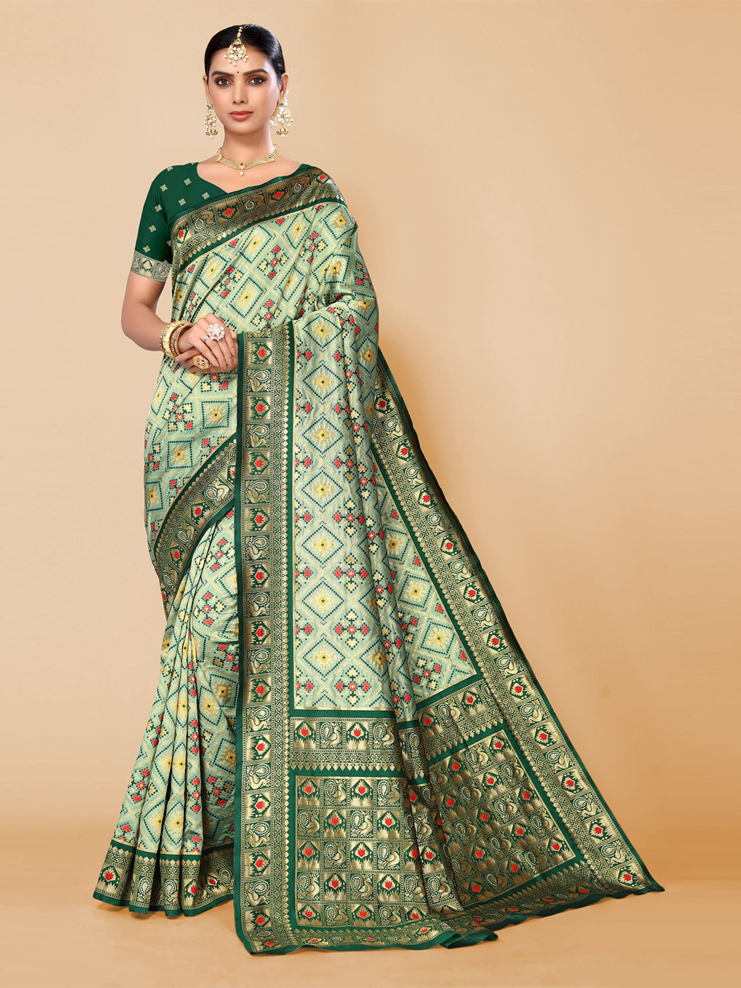

AA-HA!! Geometric Motif Woven Design Zari Pure Silk Patola Saree, Green