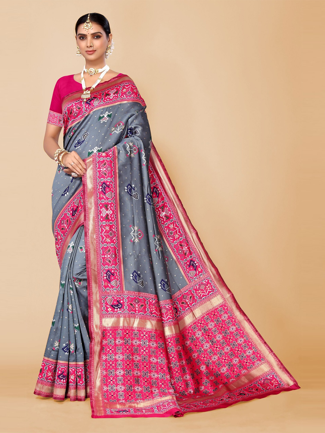 

AA-HA!! Ethnic Motif Woven Design Zari Pure Silk Patola Saree, Grey
