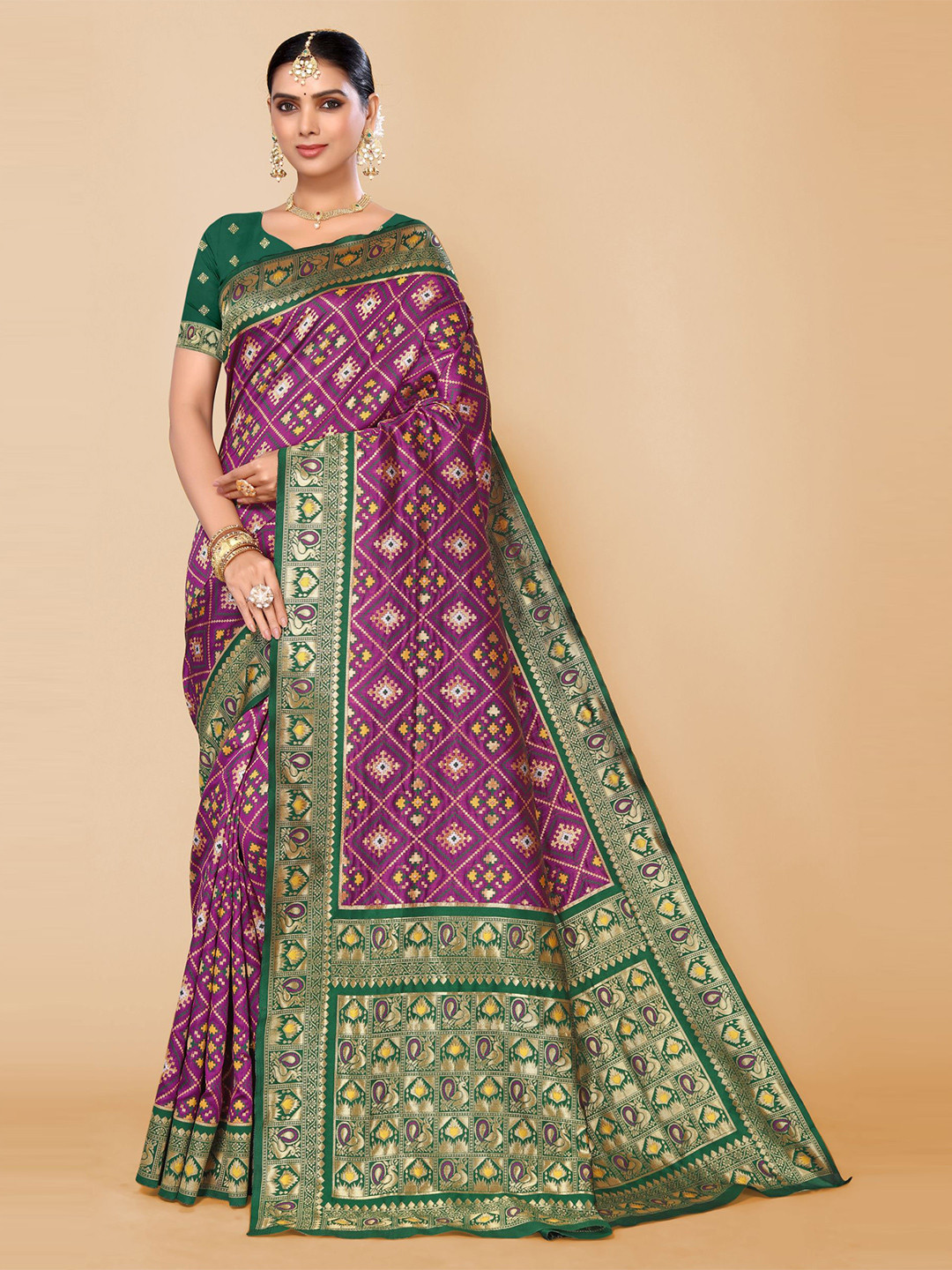 

AA-HA!! Geometric Motif Woven Design Zari Pure Silk Patola Saree, Purple