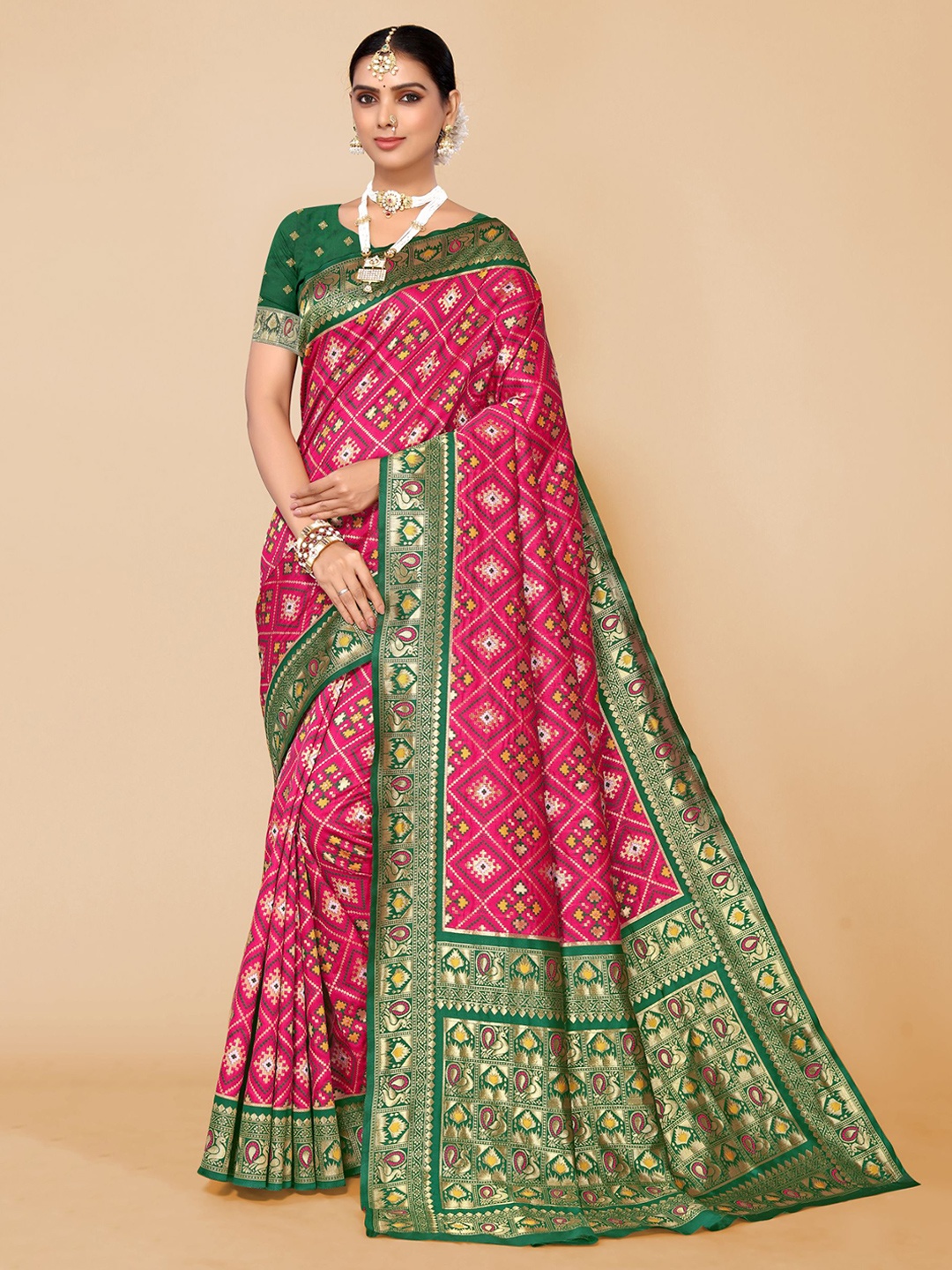 

AA-HA!! Geometric Motif Woven Design Zari Pure Silk Patola Saree, Pink
