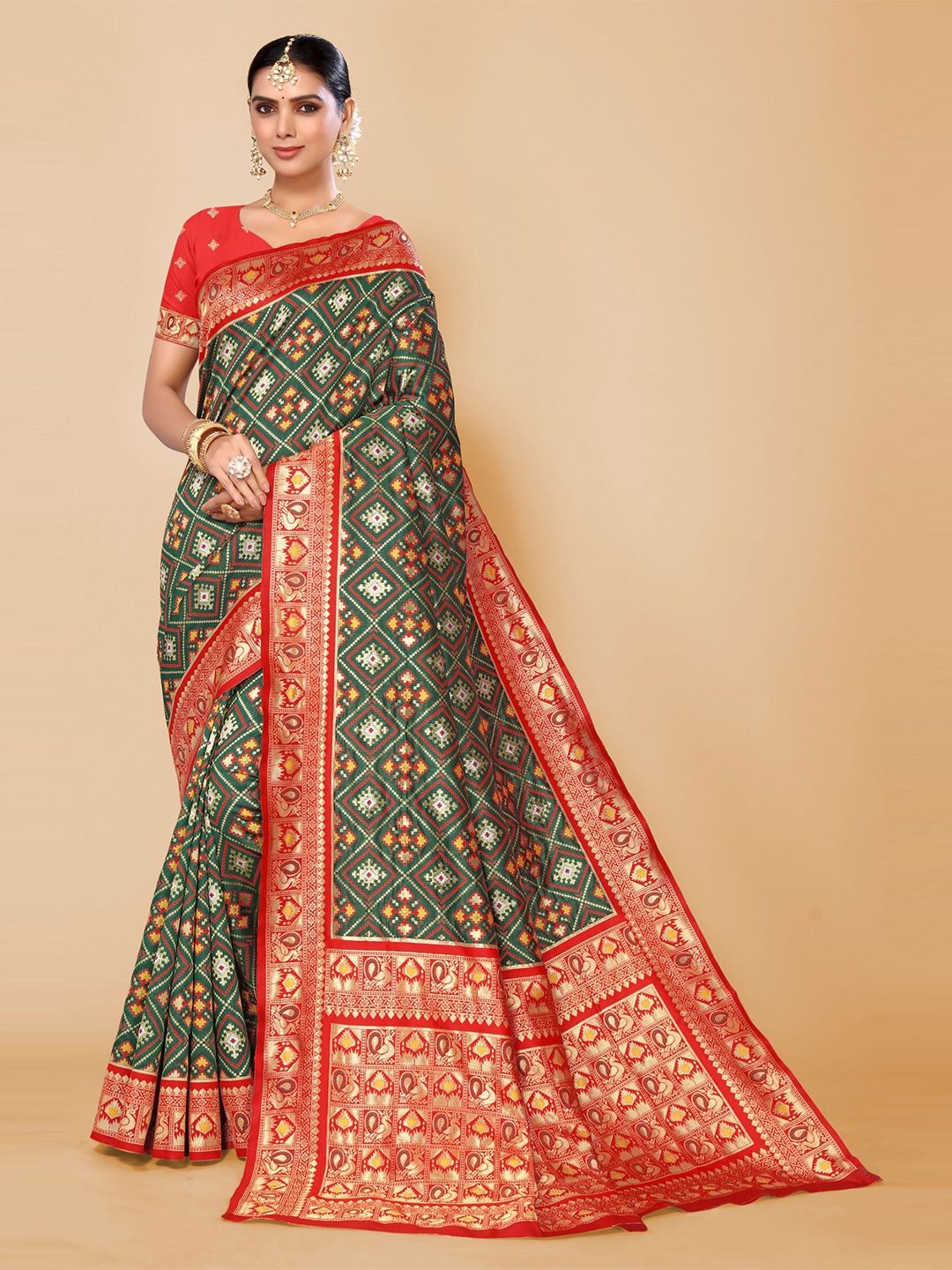 

AA-HA!! Geometric Motif Woven Design Zari Pure Silk Patola Saree, Green