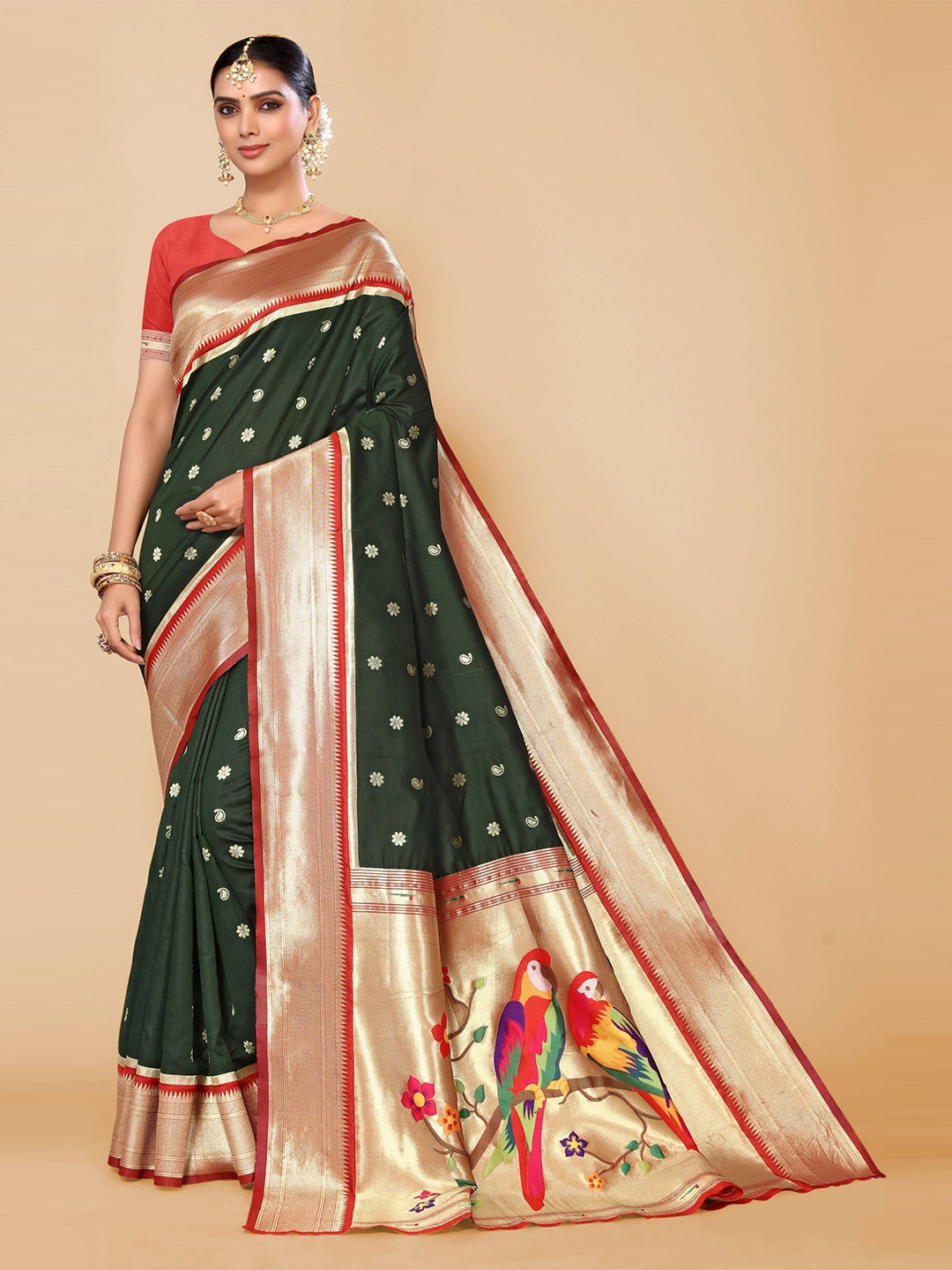

AA-HA!! Floral Woven Design Zari Pure Silk Patola Saree, Green