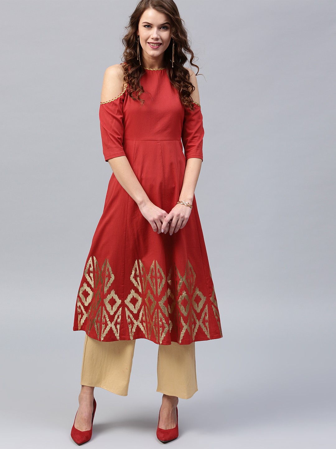 

SASSAFRAS Women Red Solid Cold Shoulder A-Line Kurta