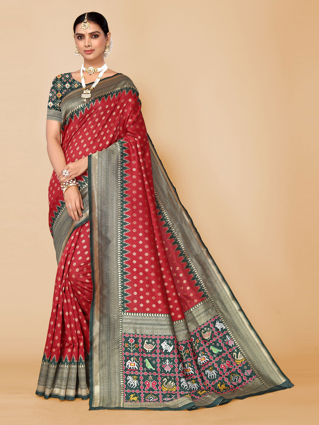 

AA-HA!! Floral Woven Design Zari Pure Silk Patola Saree, Red