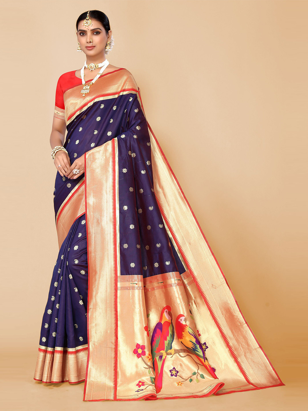 

AA-HA!! Floral Woven Design Zari Pure Silk Patola Saree, Navy blue