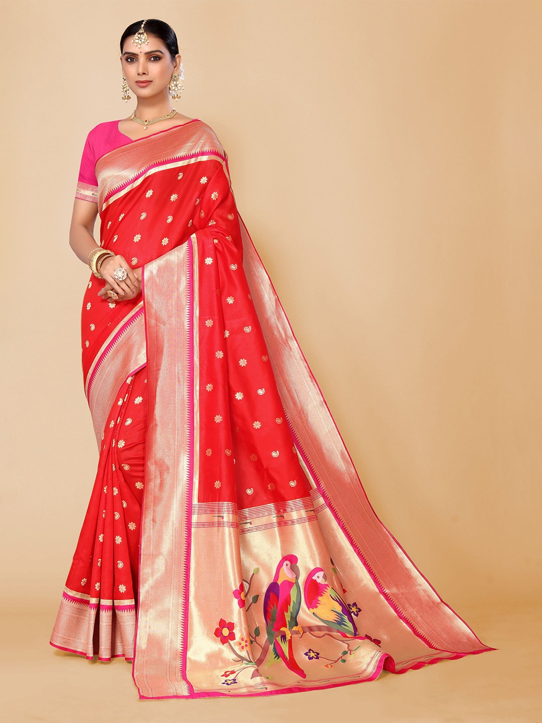 

AA-HA!! Floral Woven Design Zari Pure Silk Patola Saree, Red