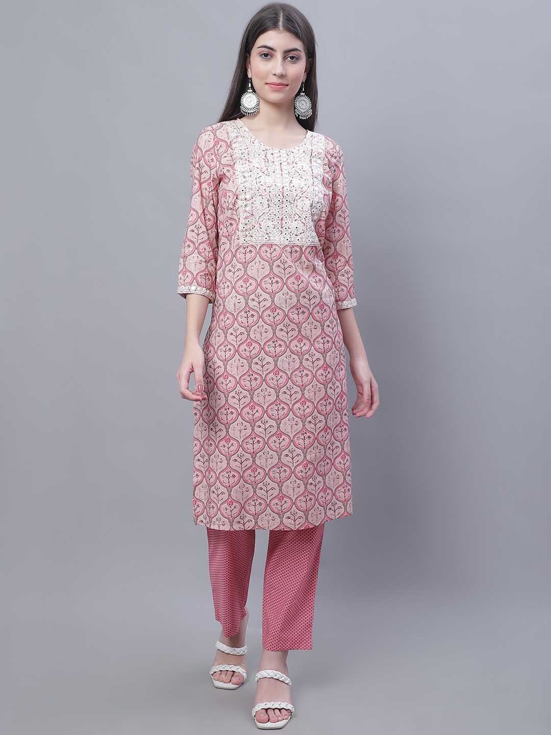 

Cantabil Ethnic Motifs Printed Thread & Mirror Work Kurta with Trousers, Peach