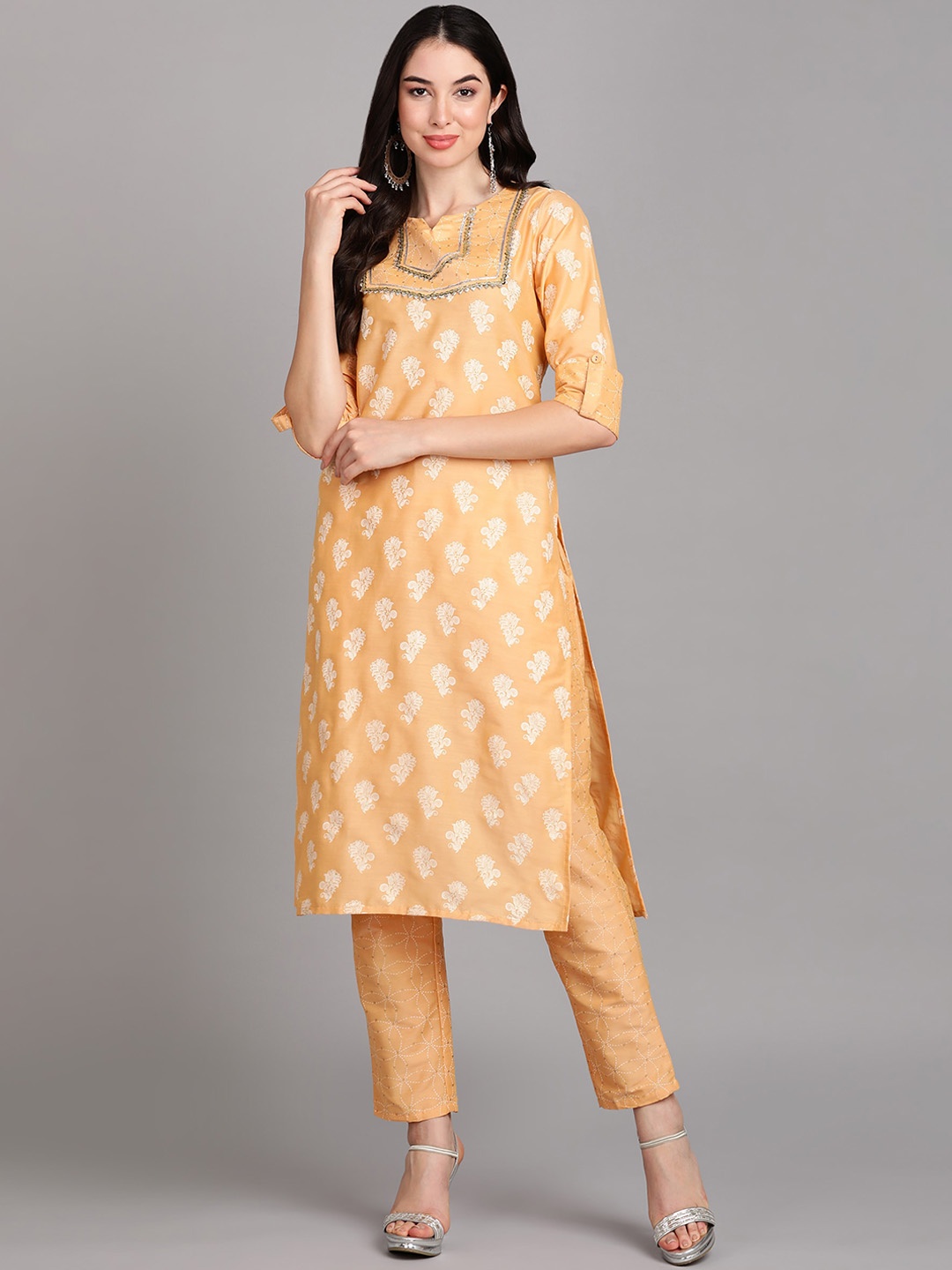 

V TRADITION Ethnic Motifs Printed Sequinned Gotta Patti Kurta, Mustard