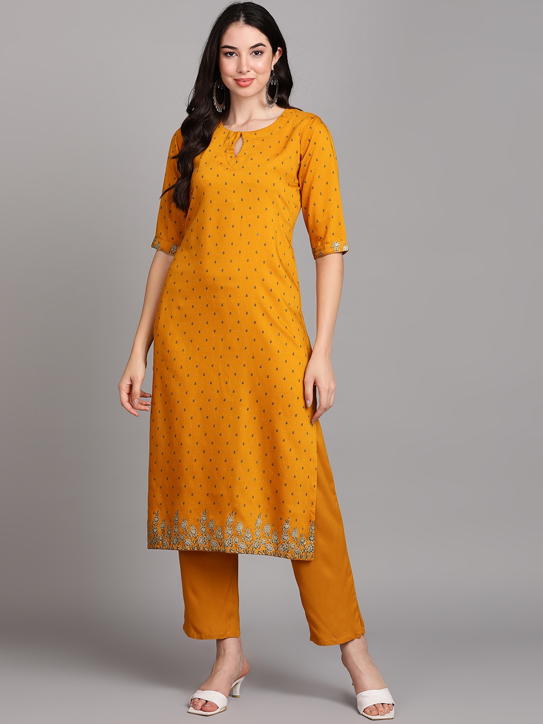 

V TRADITION Floral Printed Keyhole Neck Kurta, Mustard