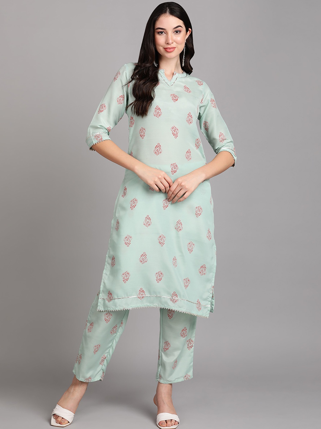 

V TRADITION Ethnic Motifs Printed Gotta Patti Kurta, Sea green