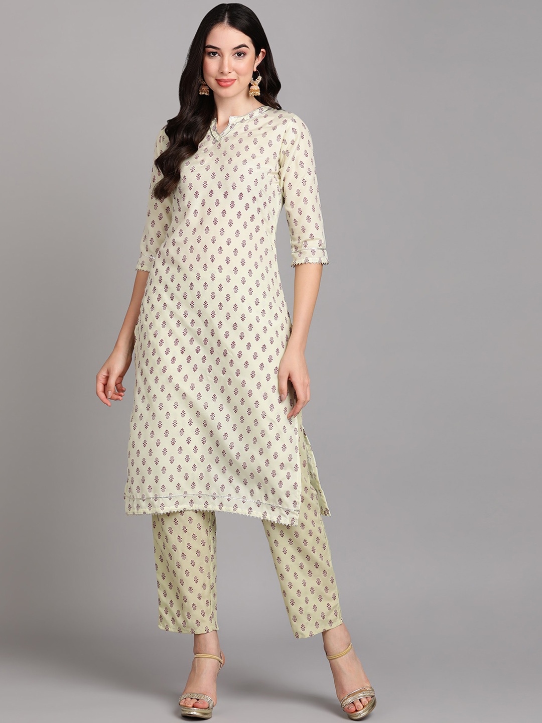 

V TRADITION Ethnic Motifs Printed Gotta Patti Kurta, Beige