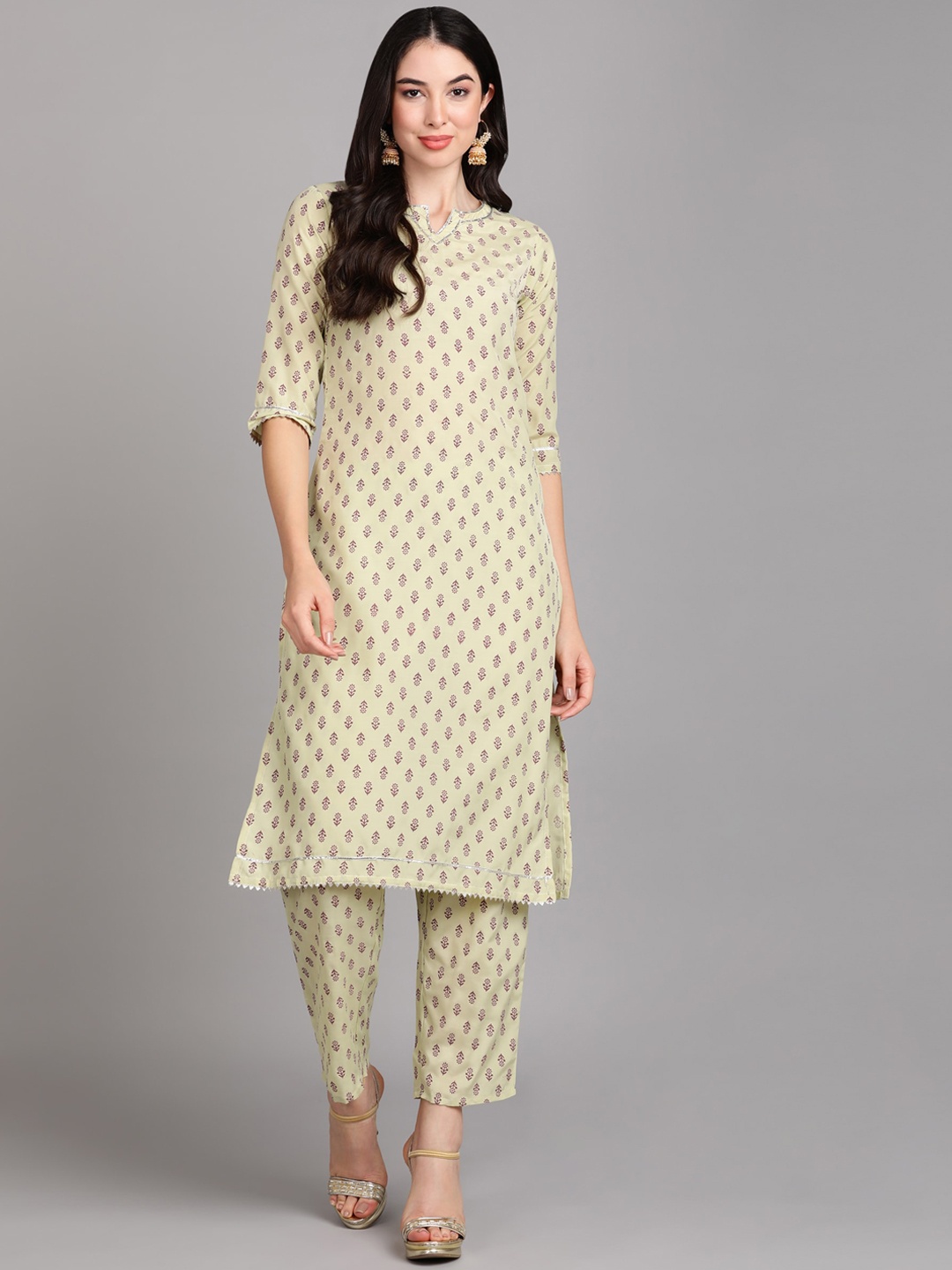 

V TRADITION Floral Printed Kurta, Olive