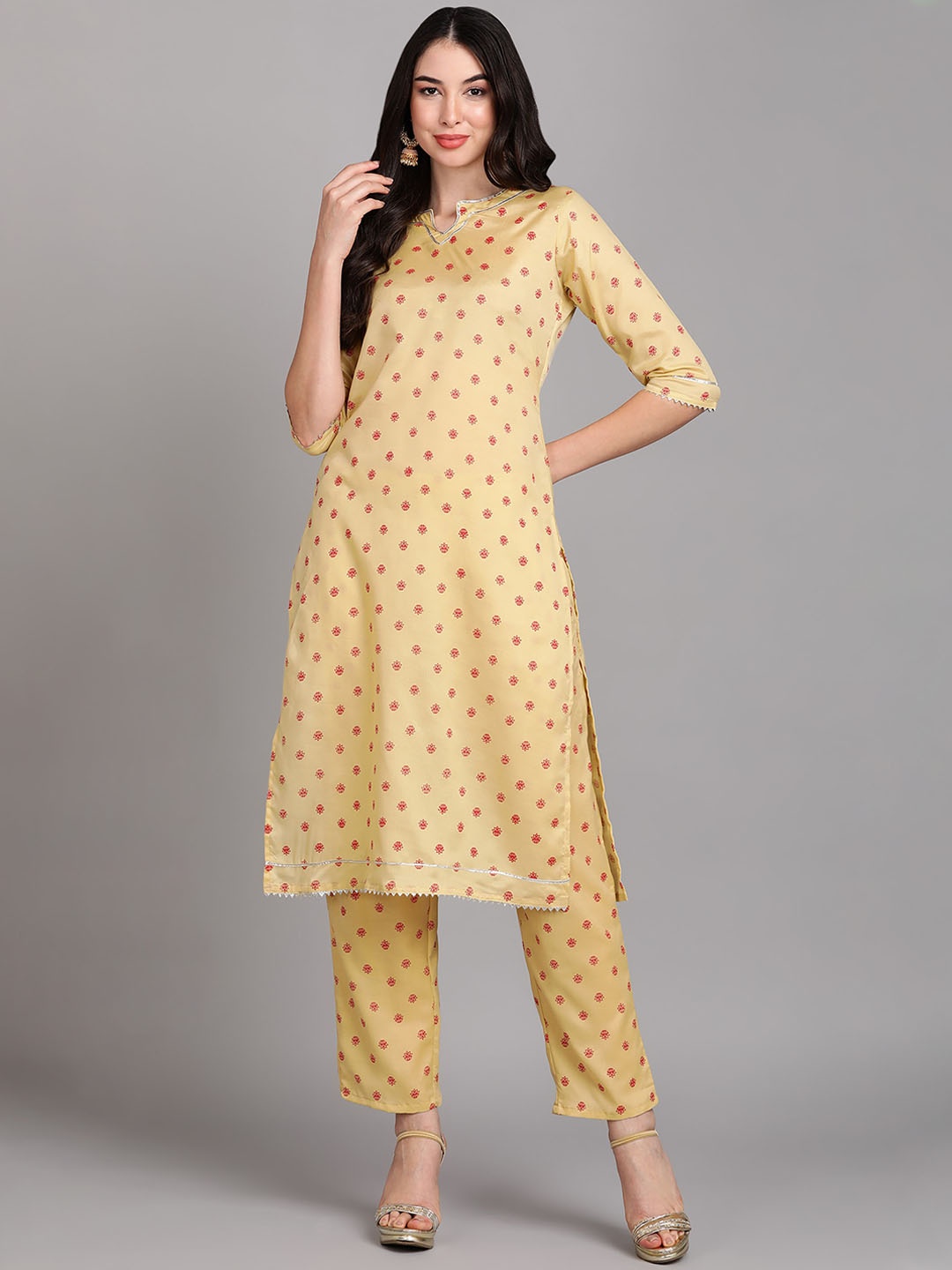 

V TRADITION Ethnic Motifs Printed Gotta Patti Kurta, Mustard