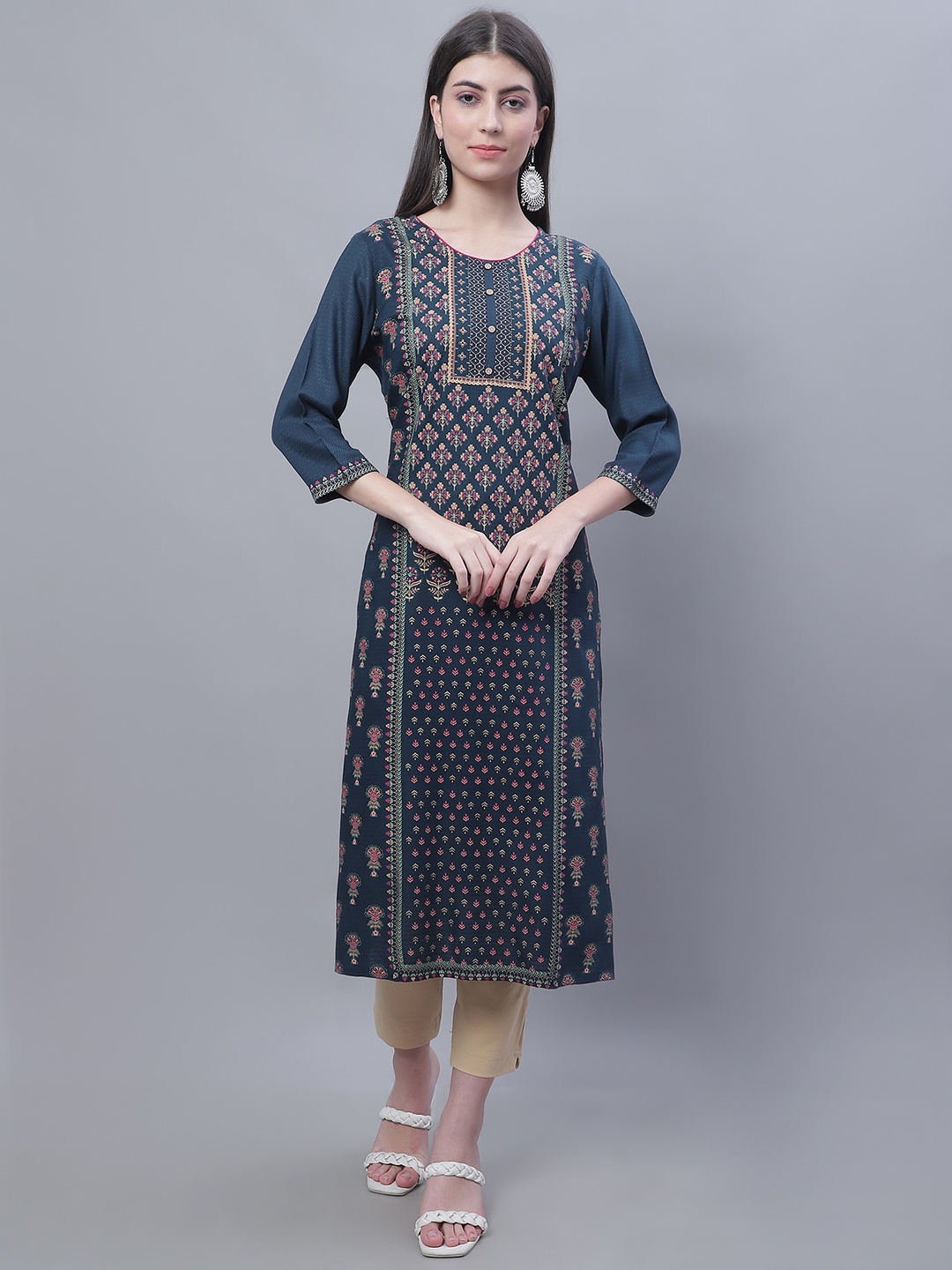 

Cantabil Ethnic Motifs Printed Lace Detail Panelled Kurta, Teal