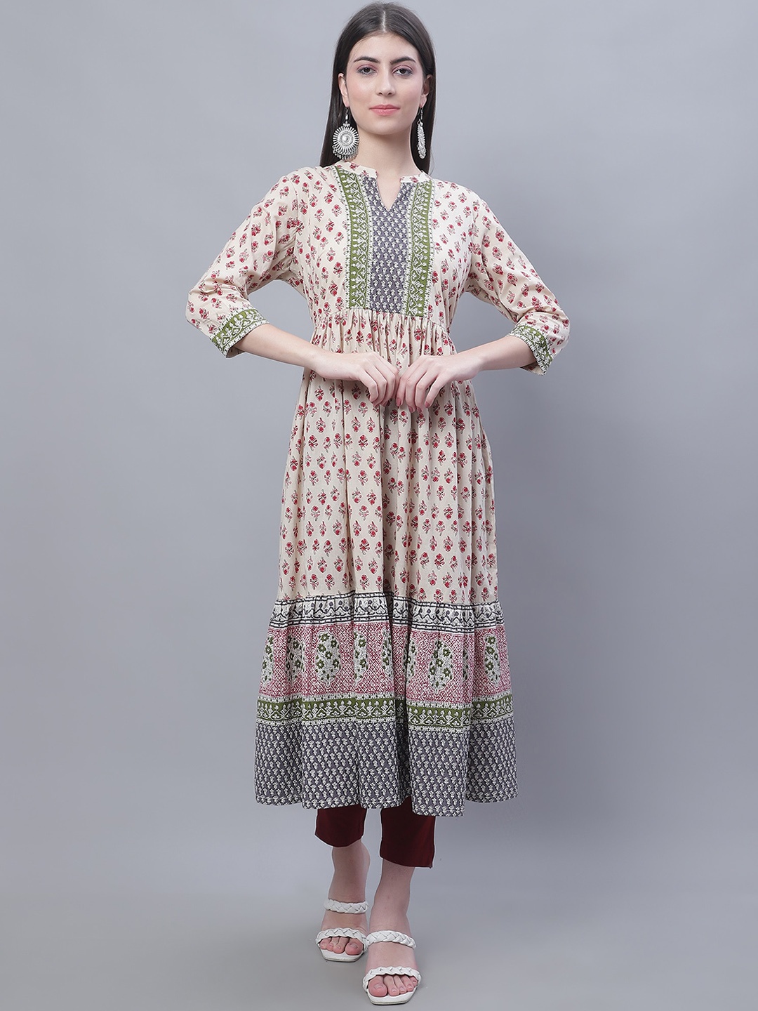 

Cantabil Ethnic Motifs Printed Mandarin Collar Anarkali Kurta, Off white