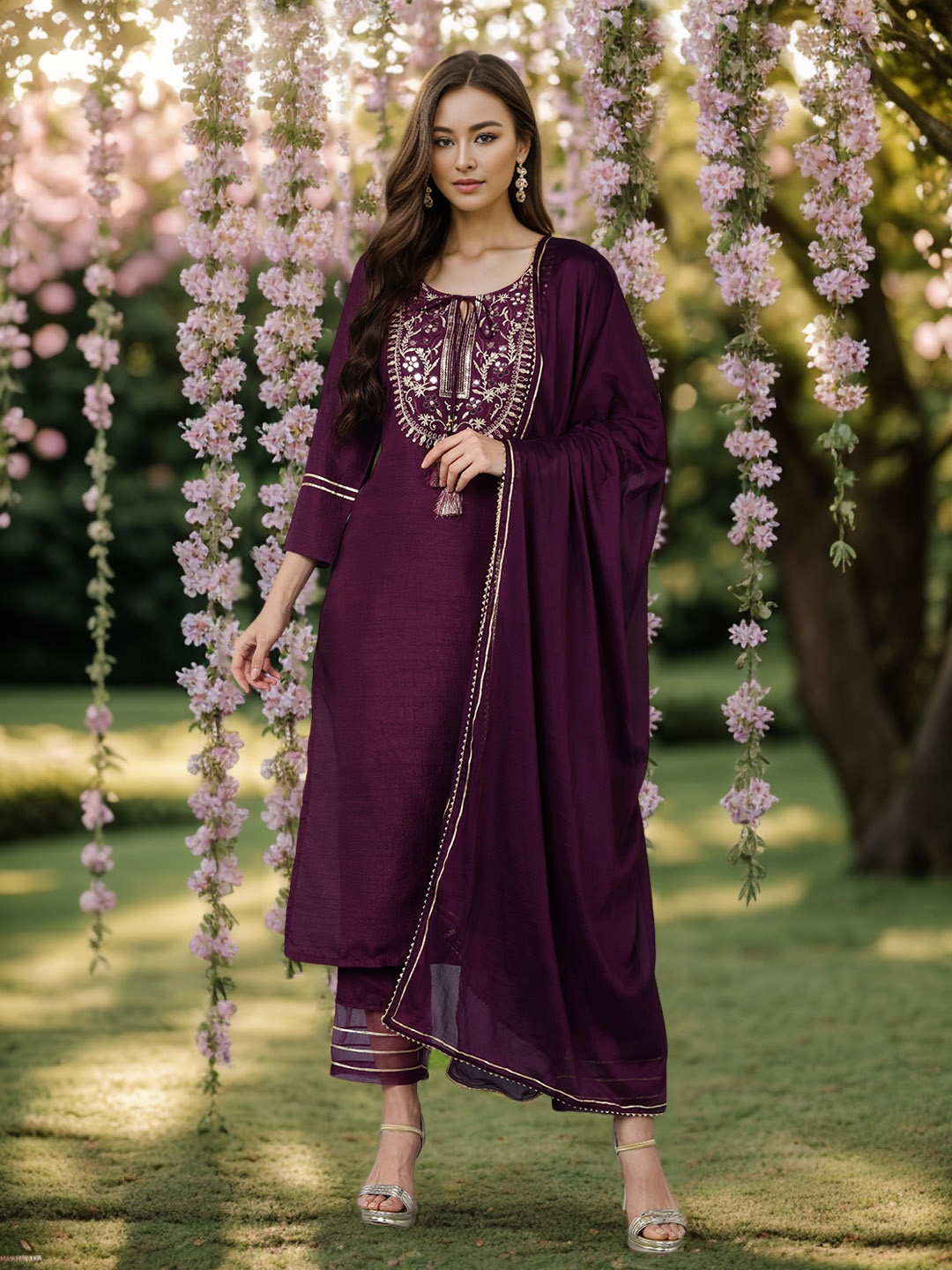 

AHIKA Purple Yoke Design Regular Mirror Work Kurta With Trousers & Dupatta