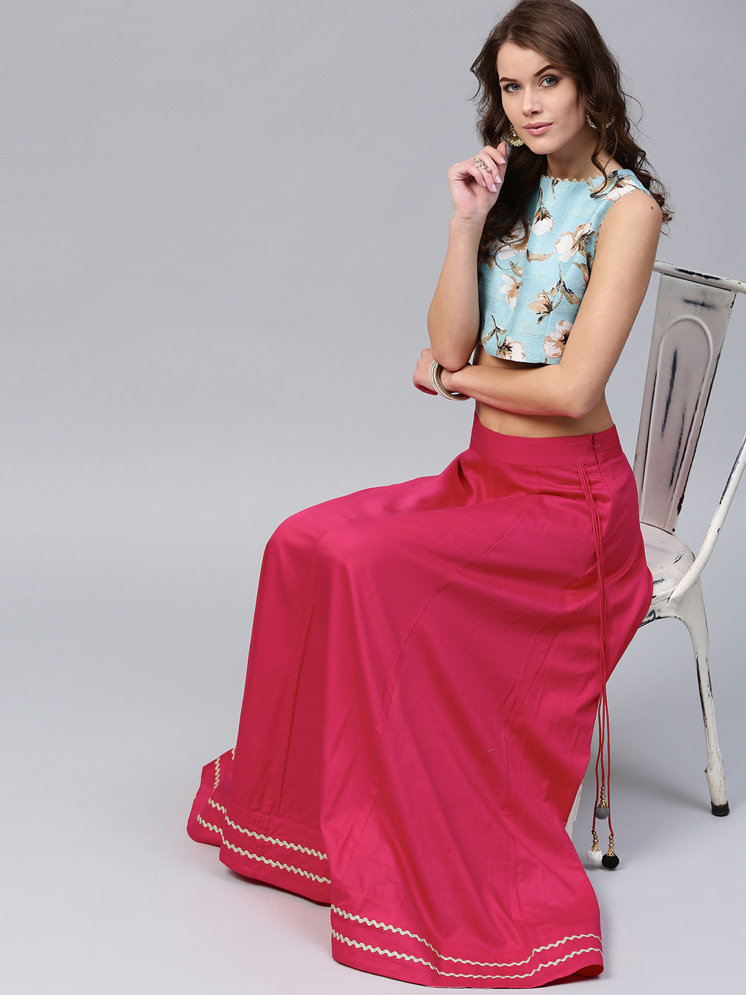 

SASSAFRAS Pink Solid Maxi Flared Pure Cotton Skirt
