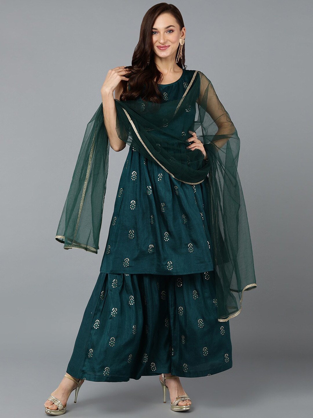 

AHIKA Flloral Embroidered Empire Sequinned Kurta With Sharara & Dupatta, Green