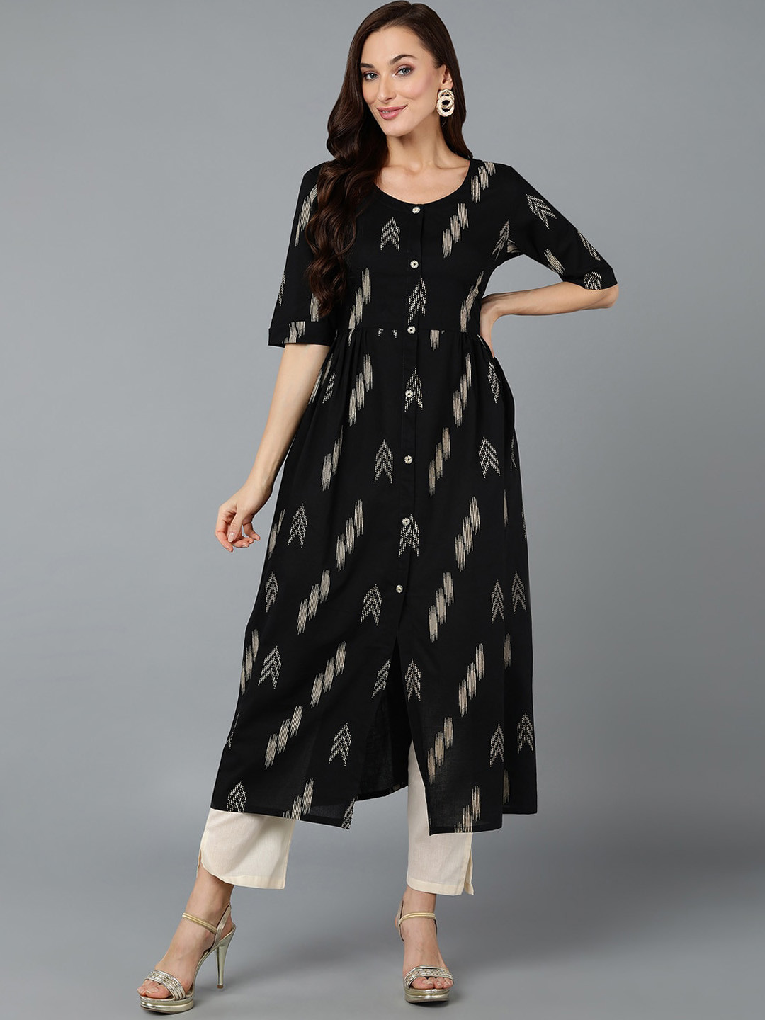 

AHIKA Black & Beige Ikat Printed Cotton A-Line Kurta
