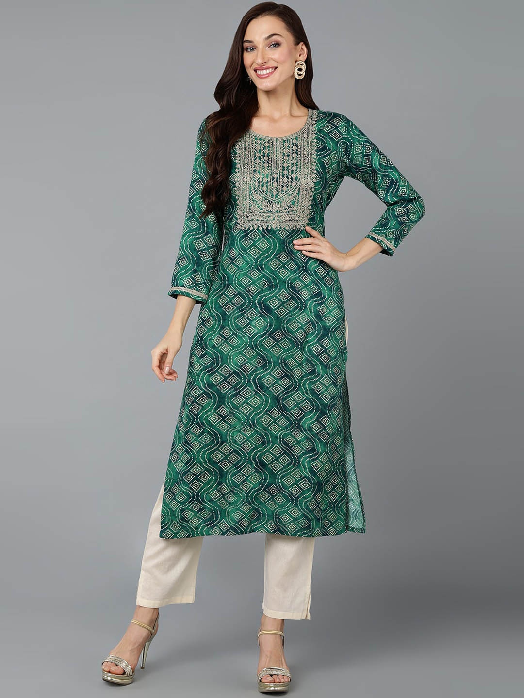 

AHIKA Green & White Bandhani Printed Straight Kurta