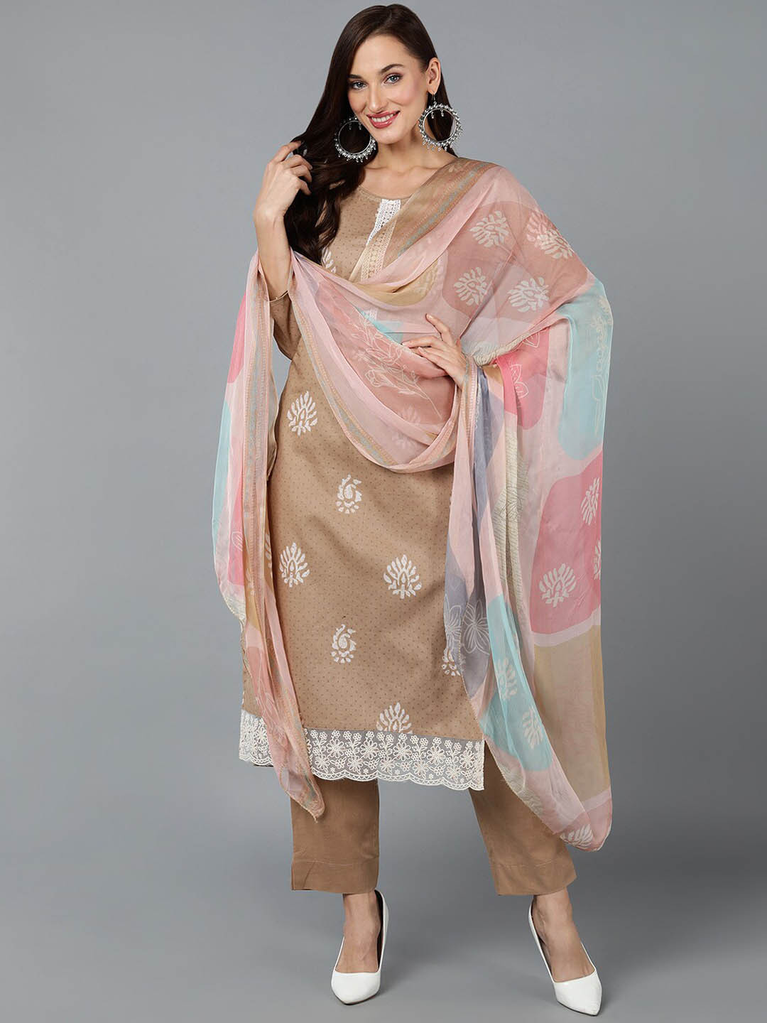 

AHIKA Ethnic Motifs Printed Kurta With Trousers & Dupatta, Taupe