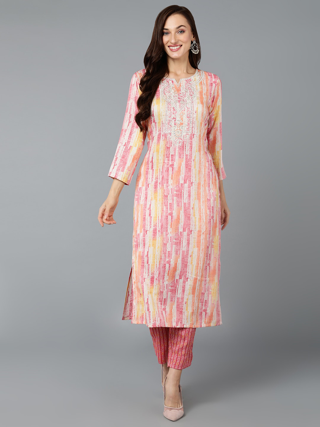 

AHIKA Pink & Yellow Abstract Printed Thread Work Kurta