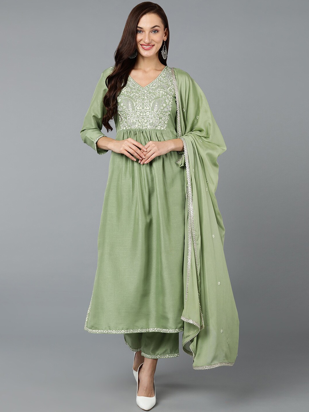 

AHIKA Green Ethnic Motifs Yoke Design Kurta With Trousers & Dupatta