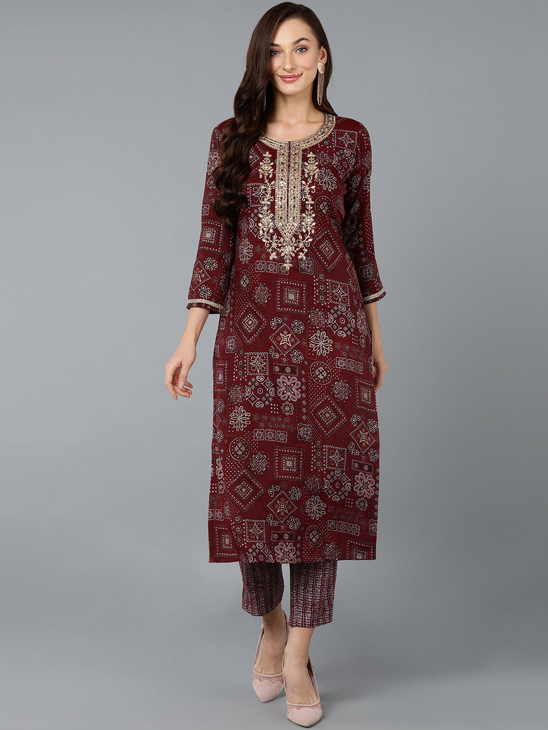 

AHIKA Maroon & White Ethnic Motifs Printed Kurta