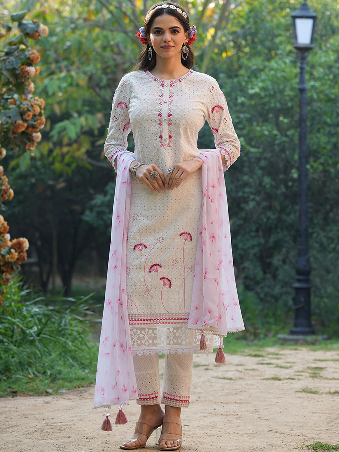 

SCAKHI Floral Embroidered Mirror Work Pure Cotton Kurta with Trousers & With Dupatta, White