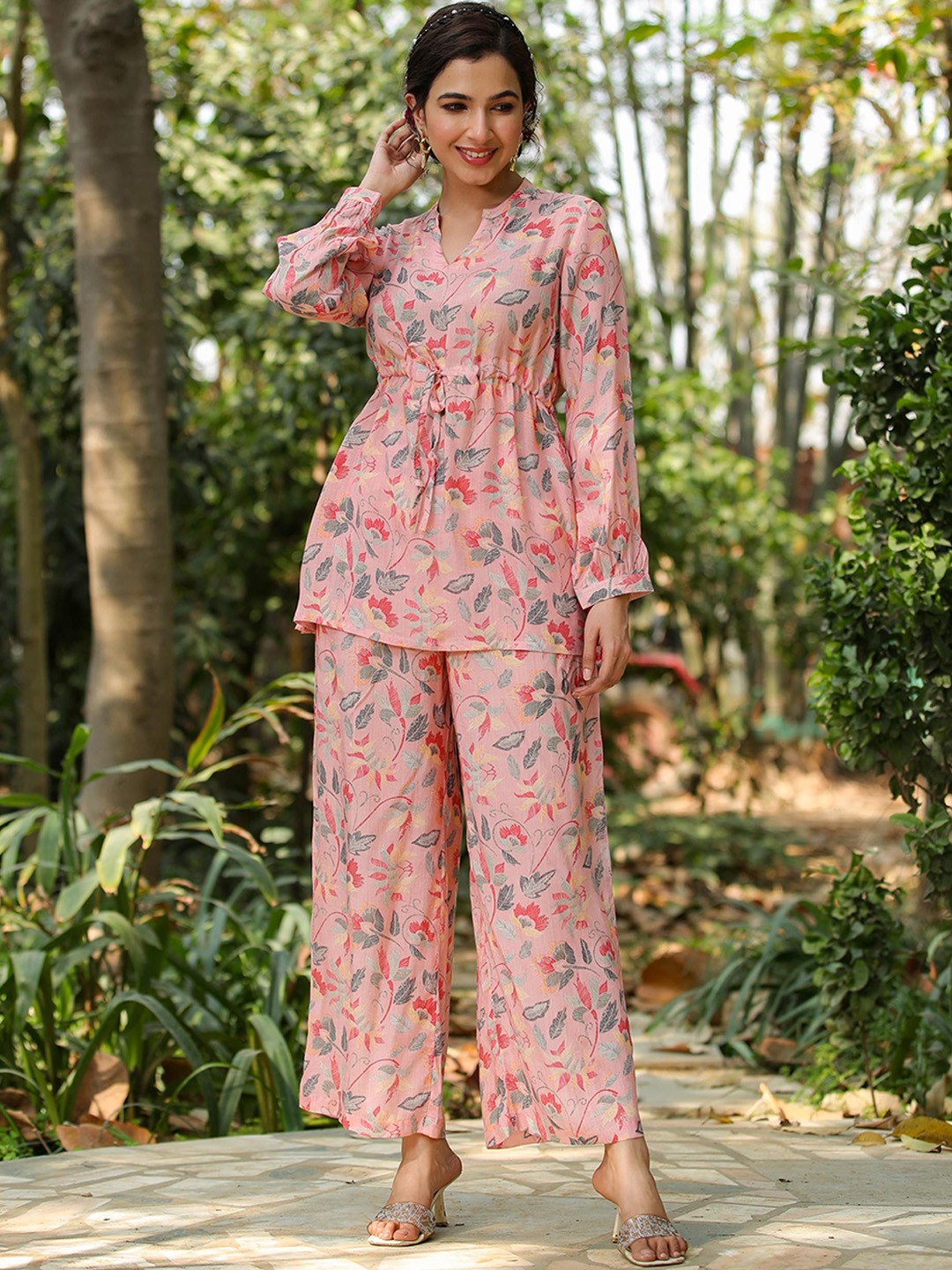 

SCAKHI Floral Printed Longline Top With Flared Palazzos Co-Ords, Pink