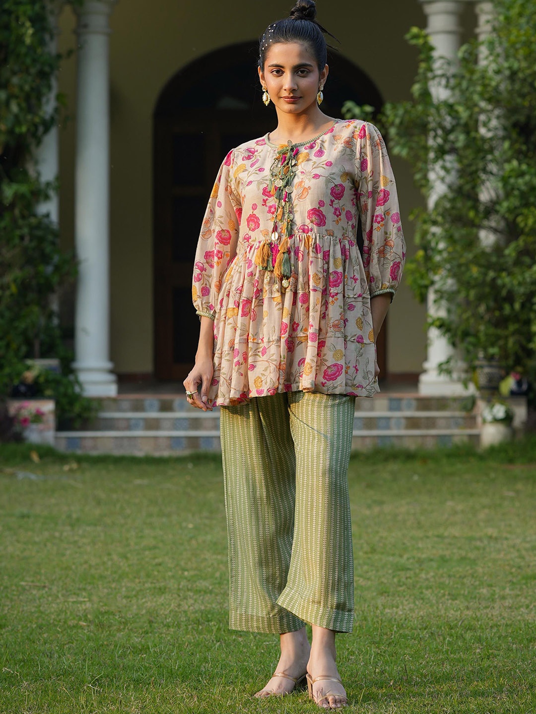 

SCAKHI Floral Printed Tunic With Trousers Co-Ords, Beige