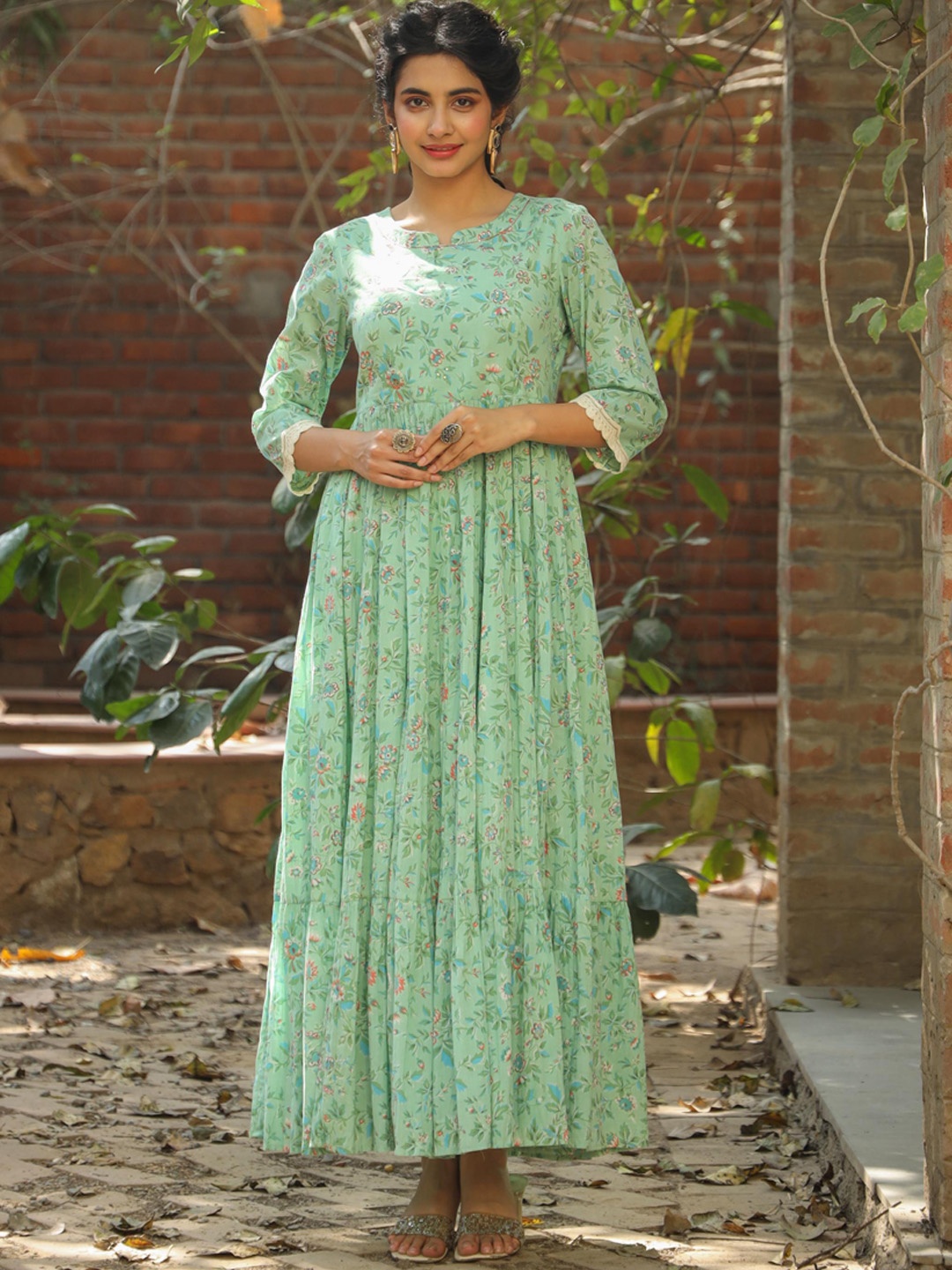 

SCAKHI Floral Printed Mandarin Collar Lace Detail Fit & Flare Maxi Cotton Ethnic Dress, Green
