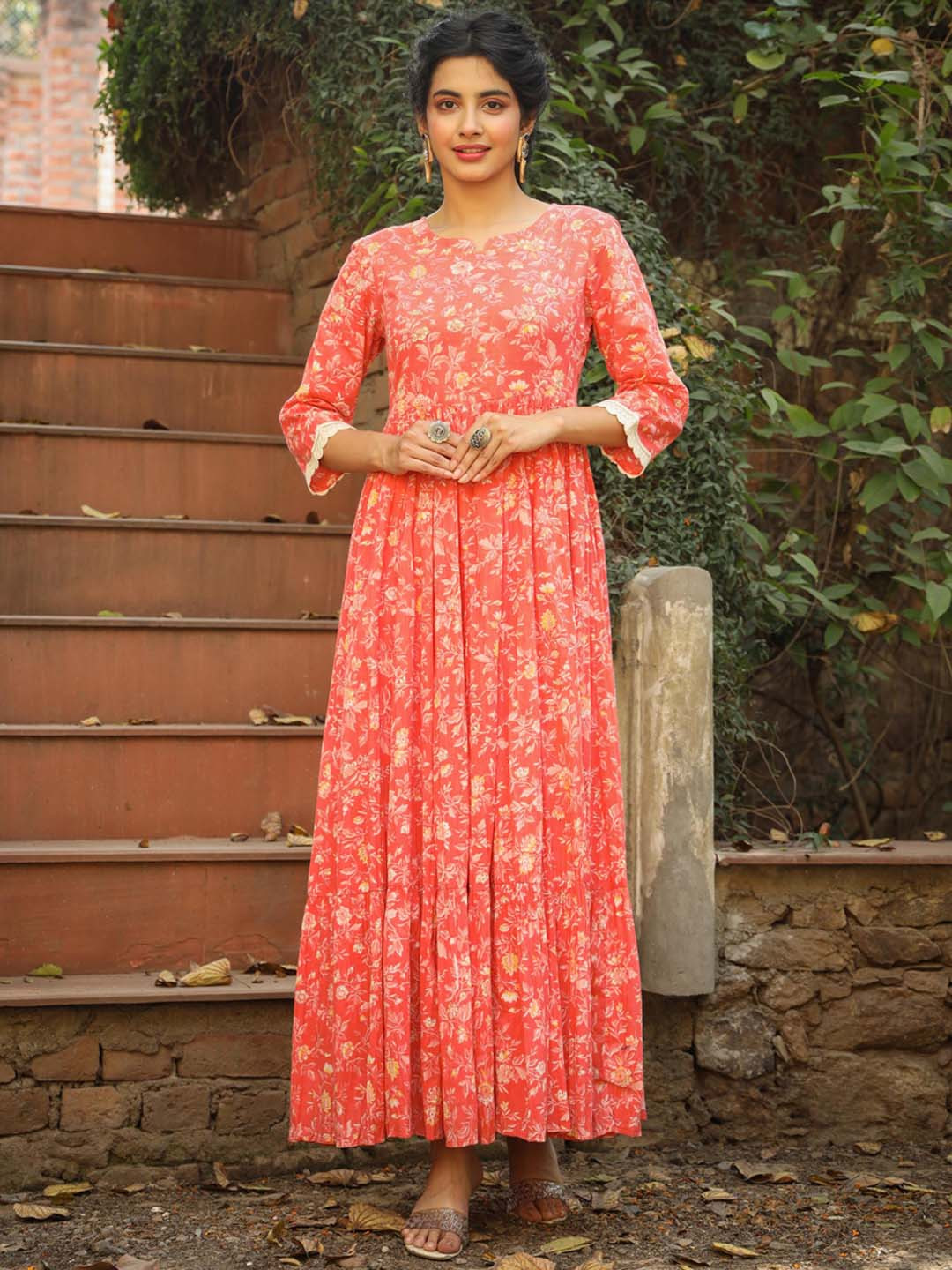 

SCAKHI Floral Printed Sequined Fit & Flare Cotton Maxi Ethnic Dress, Peach