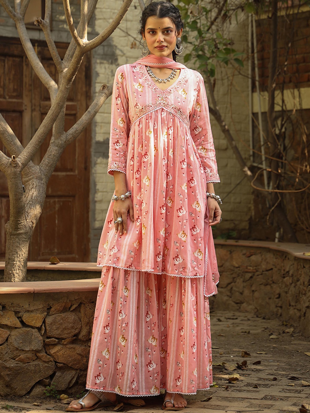 

SCAKHI Floral Printed Empire Thread Work Pure Cotton Kurta With Sharara & Dupatta, Pink