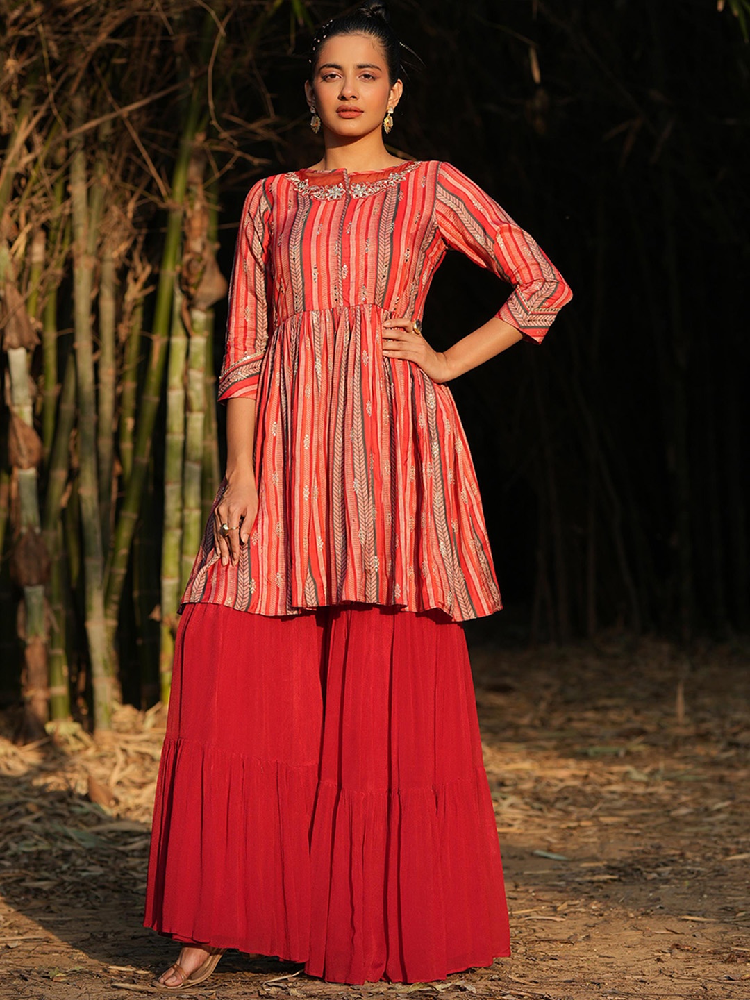 

SCAKHI Striped Pleated Mirror Work Kurti with Sharara, Pink